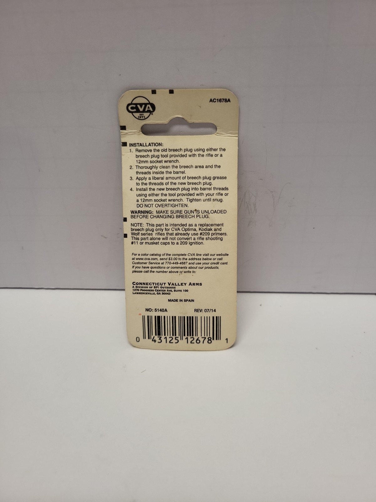 CVA REPLACEMENT 209 BREECH PLUG AC1678A CVA OPTIMA KODIAK WOLF