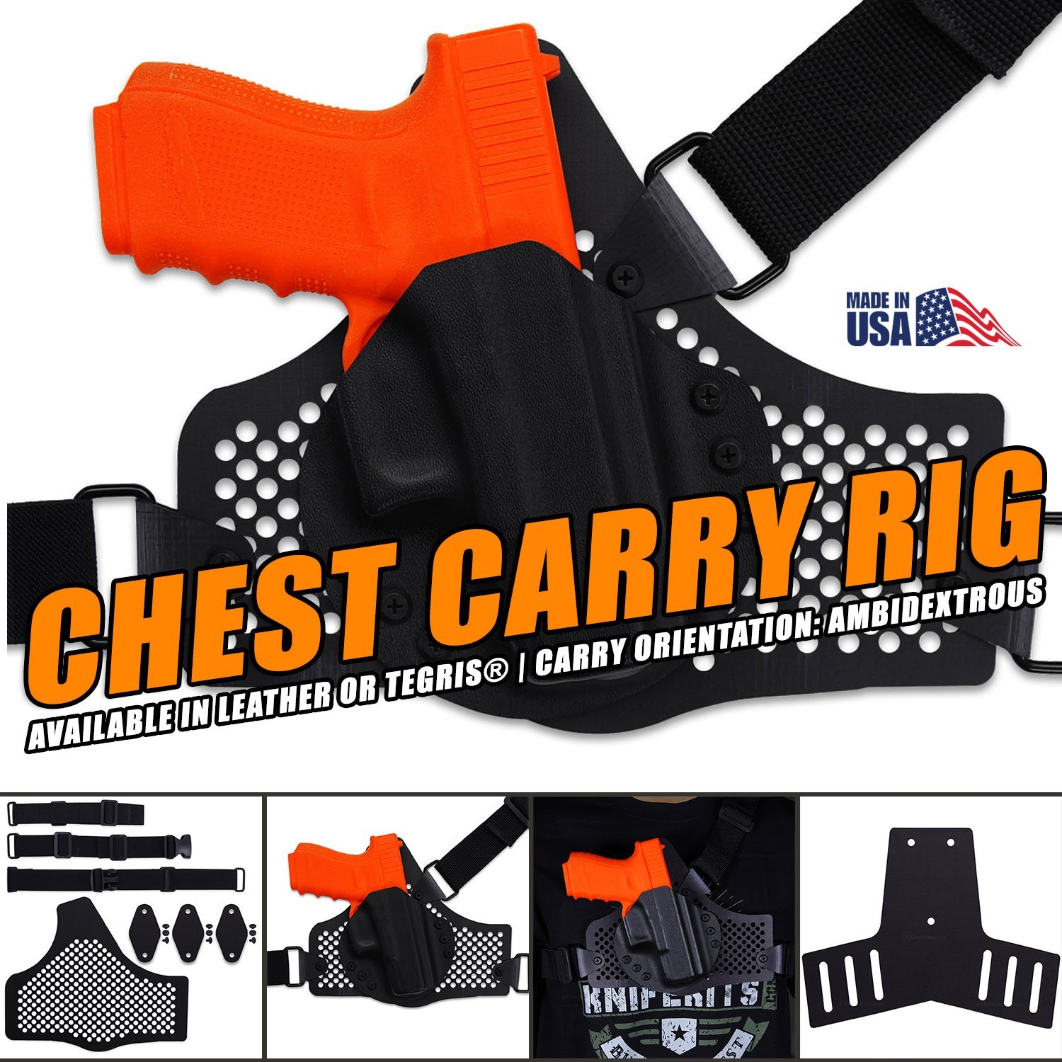 Chest Carry Rig - Leather or Tegris® - (Black) - (8-9oz) - (Ambidextrous)