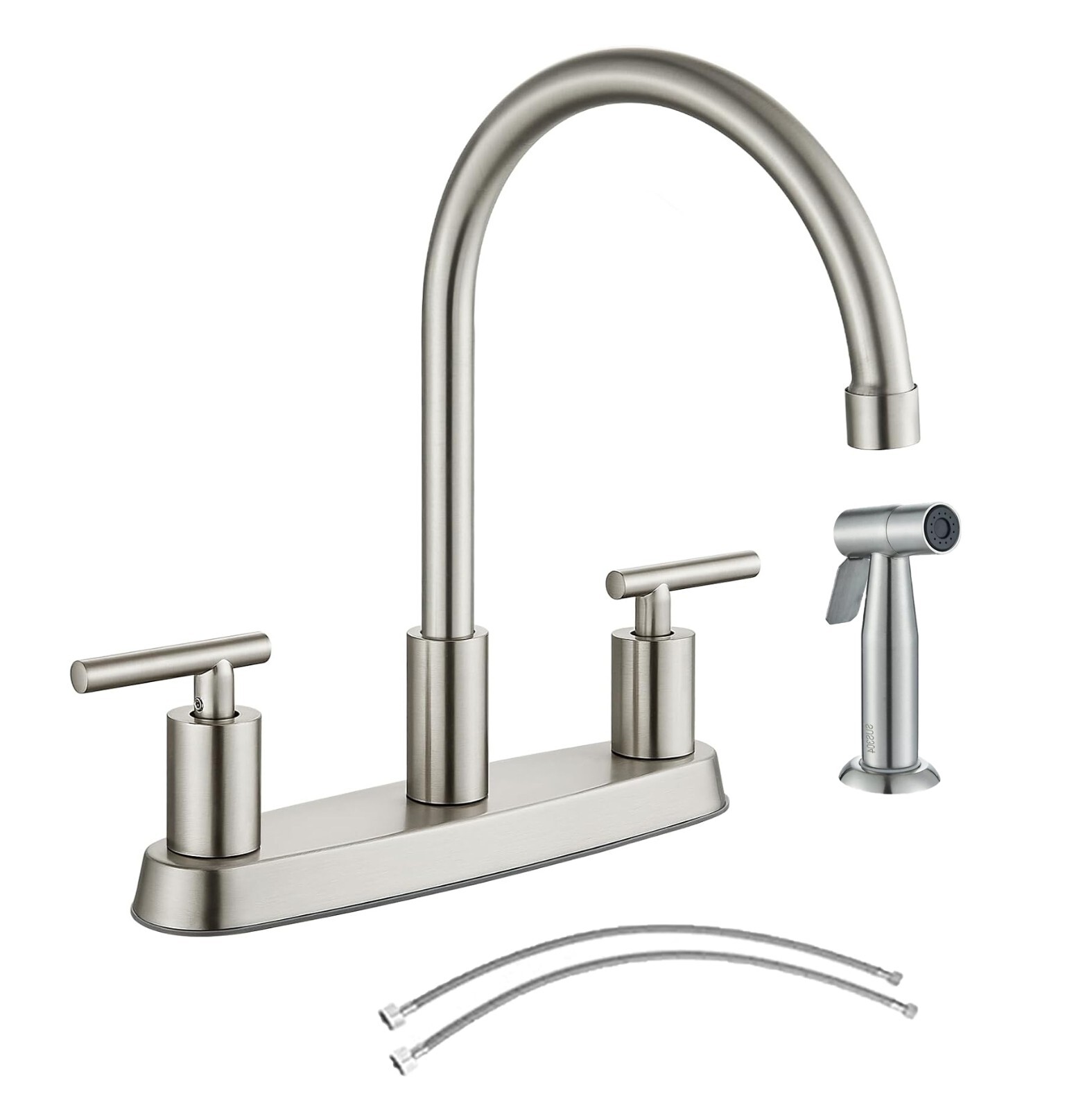 Kitchen Faucet 2 Handle 3 Holes Brushed Nickel w/Side Sprayer Rotating Mixer Tap