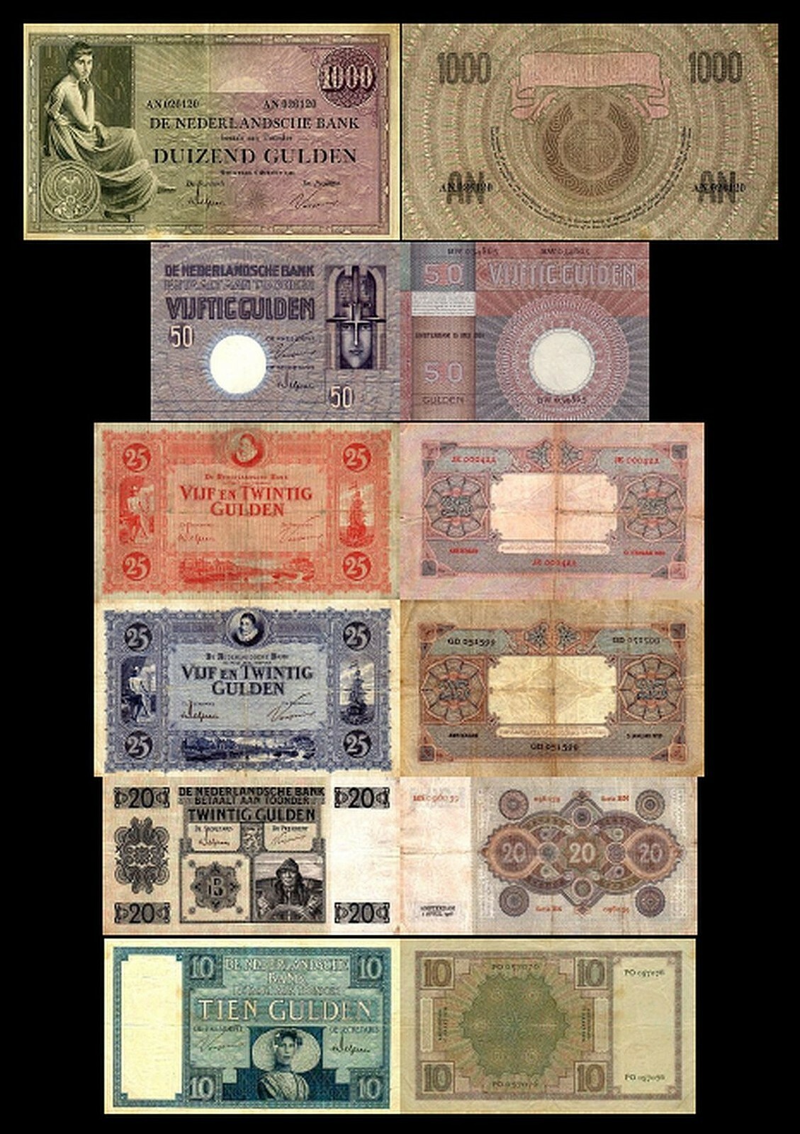 10, 20, 25, 25, 50, 1,000 Gulden - Edition 1924 - 1938 - Reproduction - 011