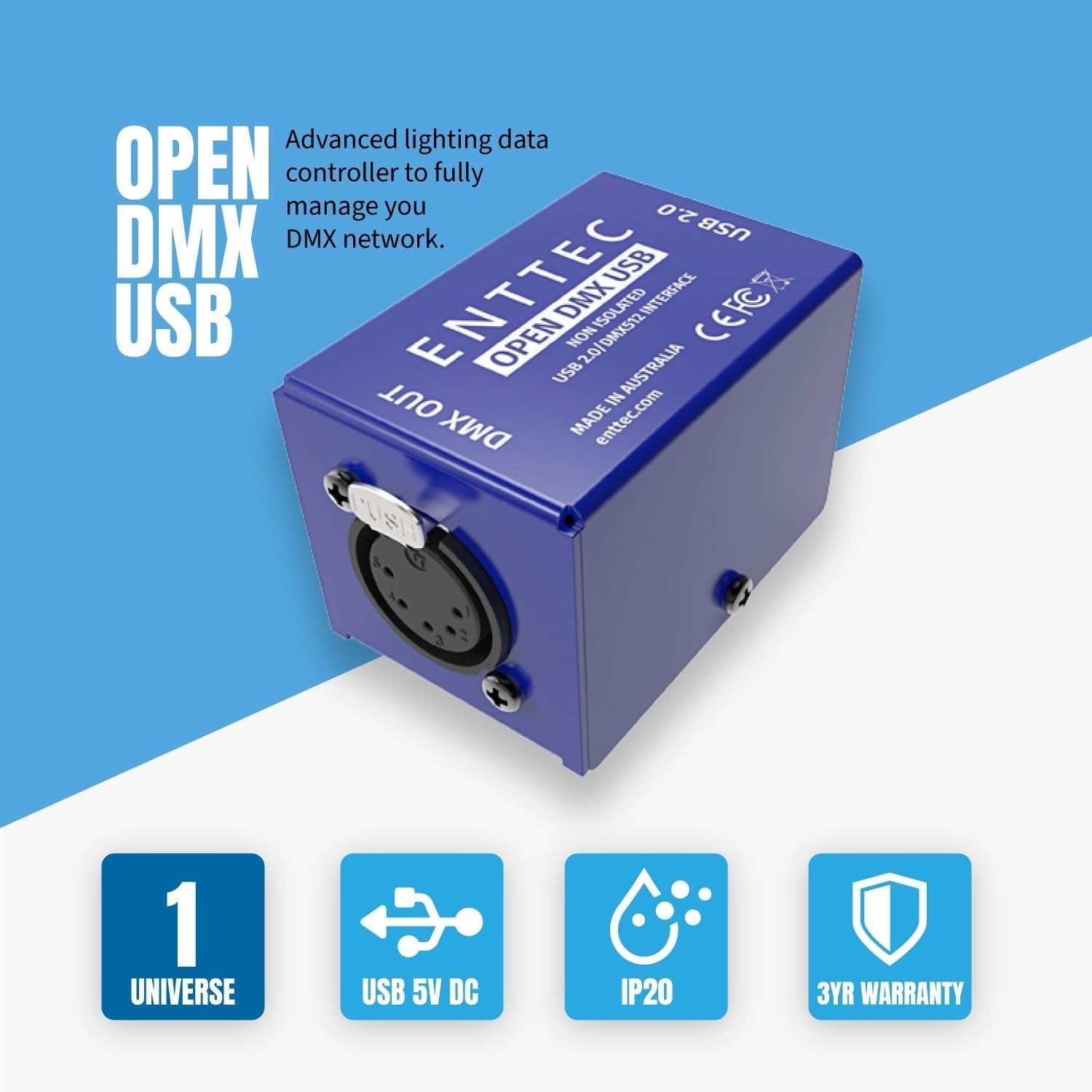 Enttec Open DMX USB 70303 Lighting Interface Controller Widget (Open Blue