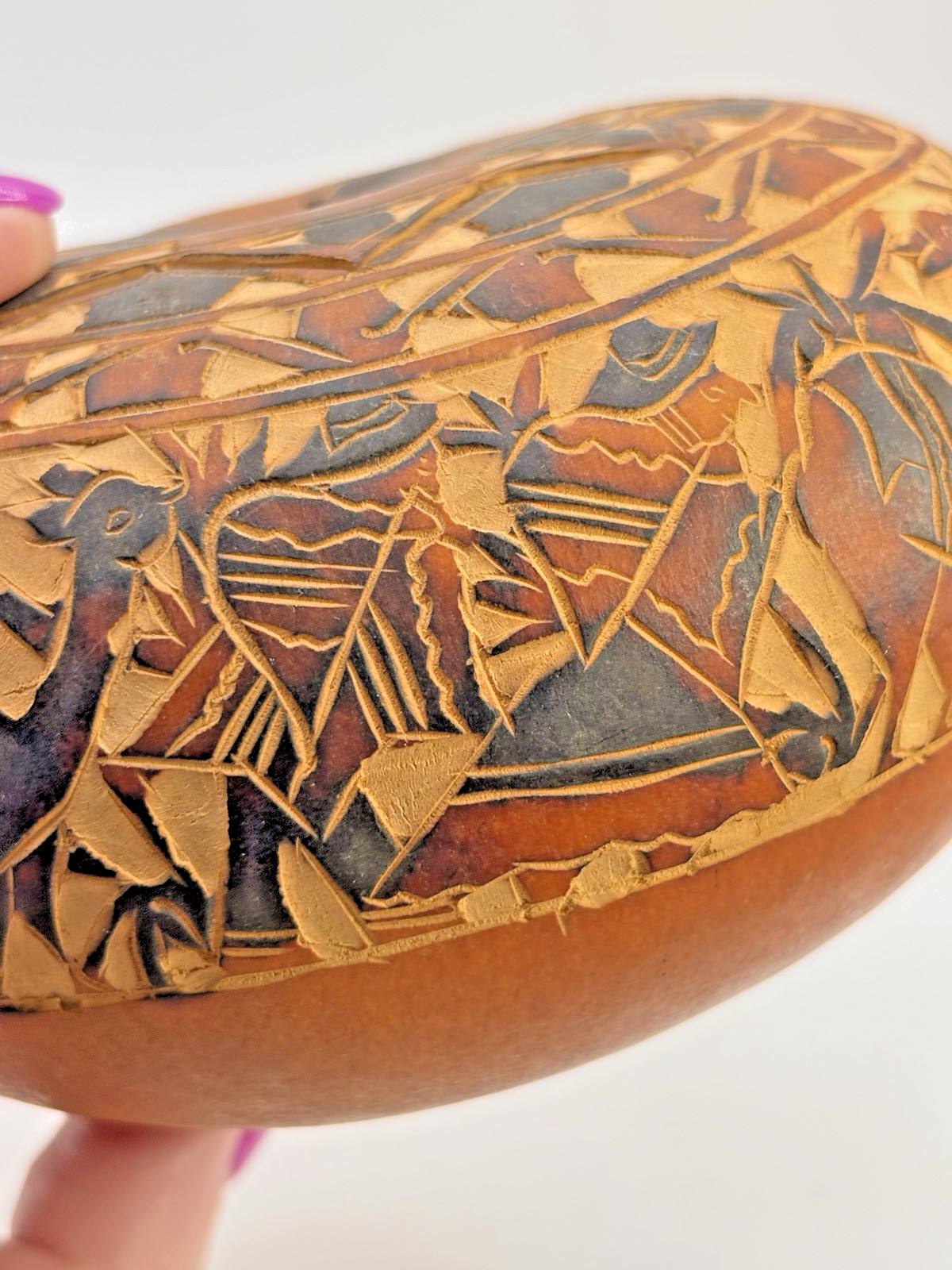 Hand Carved VTG Peruvian Storyteller Gourd 5” X 3" Peru Folk Art Couple Llama