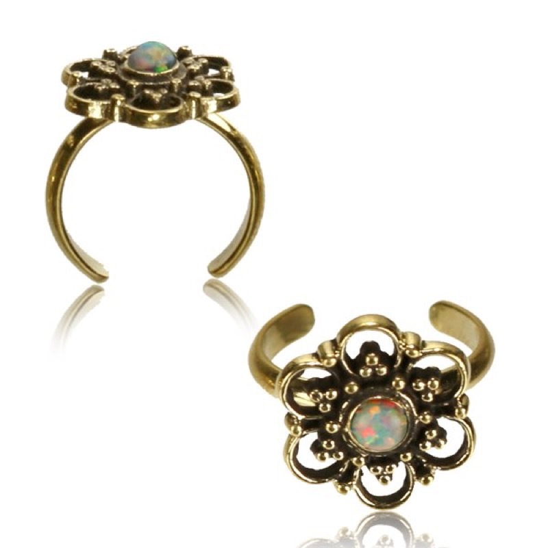 SOLID BRASS TRIBAL TOE RING MANDALA SYNTHETIC WHITE OPAL MID-RING BOHO GYPSY