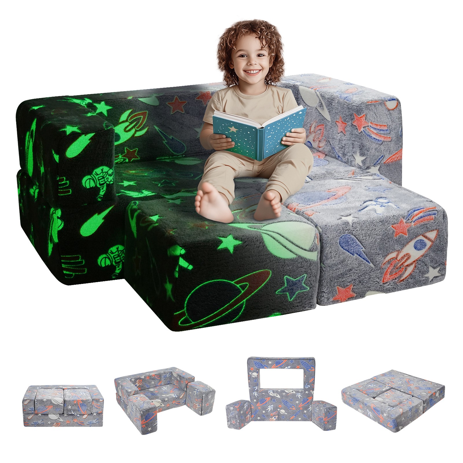 Uimoso Modular Kids Play Couch 4Pcs DIY Glow in the Dark Toddler Chair Grey