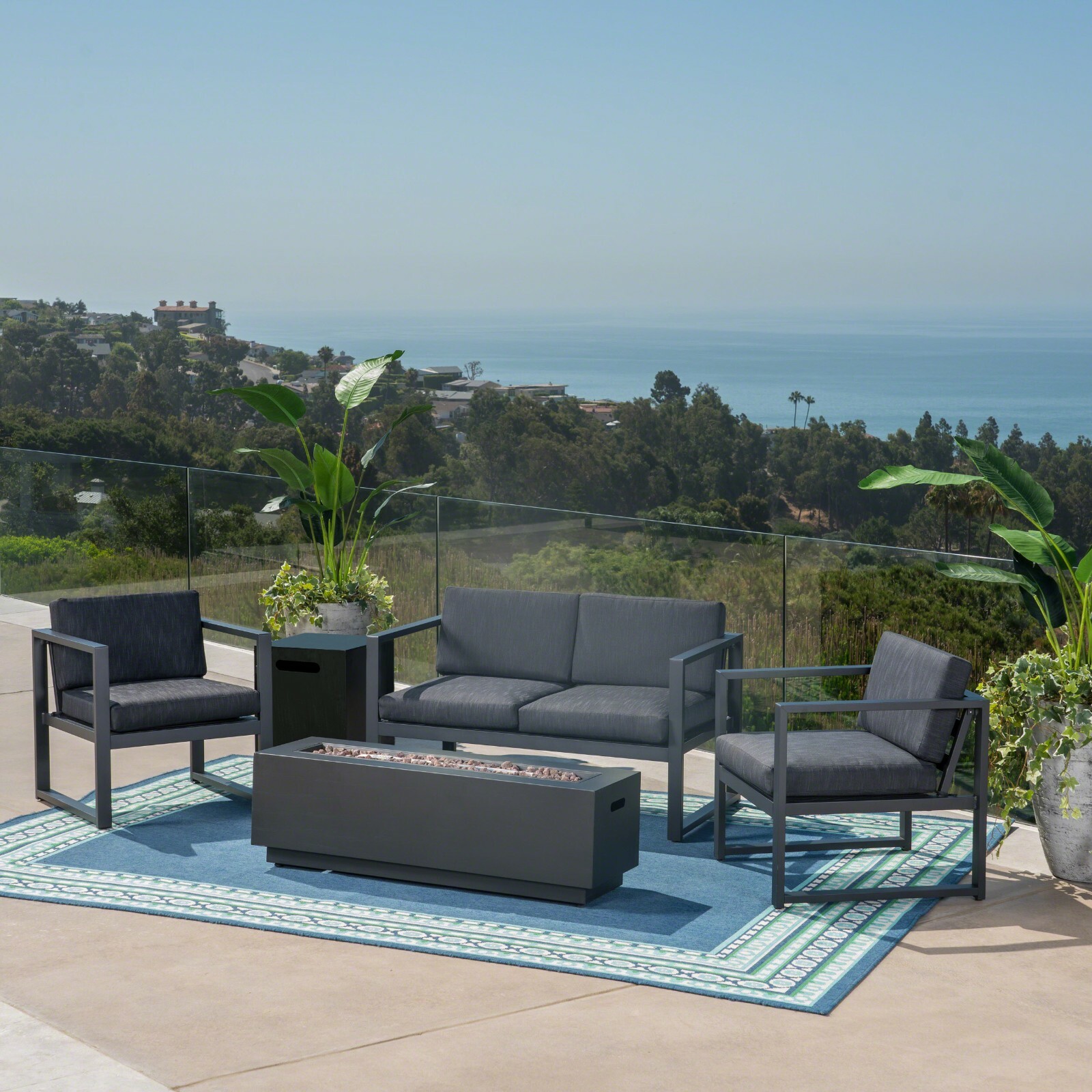 Wos Outdoor 4-Seater Aluminum Chat Set with Fire Pit