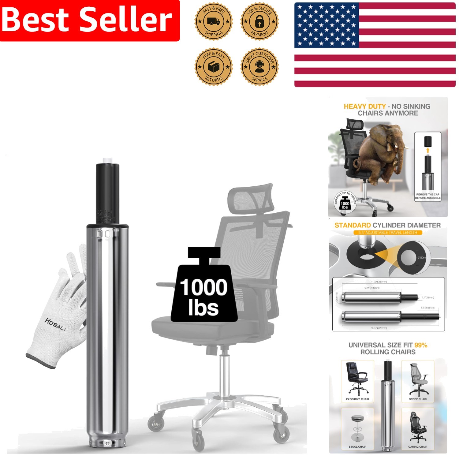 Office Chair Cylinder Heavy-Duty Class 4 Gas Lift Piston Universal Strong Sil...
