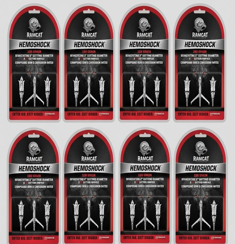 (24x) RAMCAT HEMOSHOCK 100 GRN. 2'' CUTTING DIA MECHANICAL BROADHEADS 8x 3 PACKS