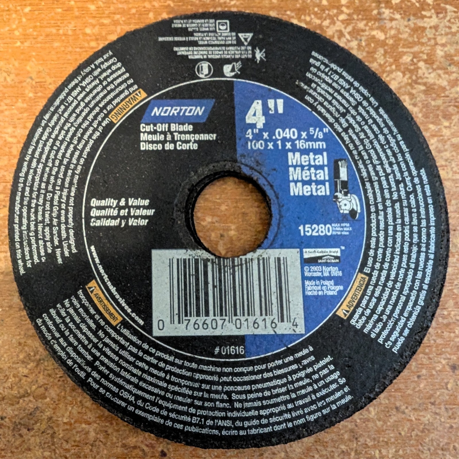 Norton 4 Pcs Cutoff Wheels, 4in. Dia., 15,280 RPM, Model# 076607016164