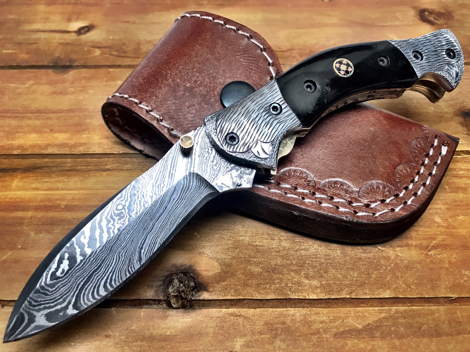 7.75" Bull Horn Folding Pocket knife Hunting 100% Handmade Damascus Steel sheath