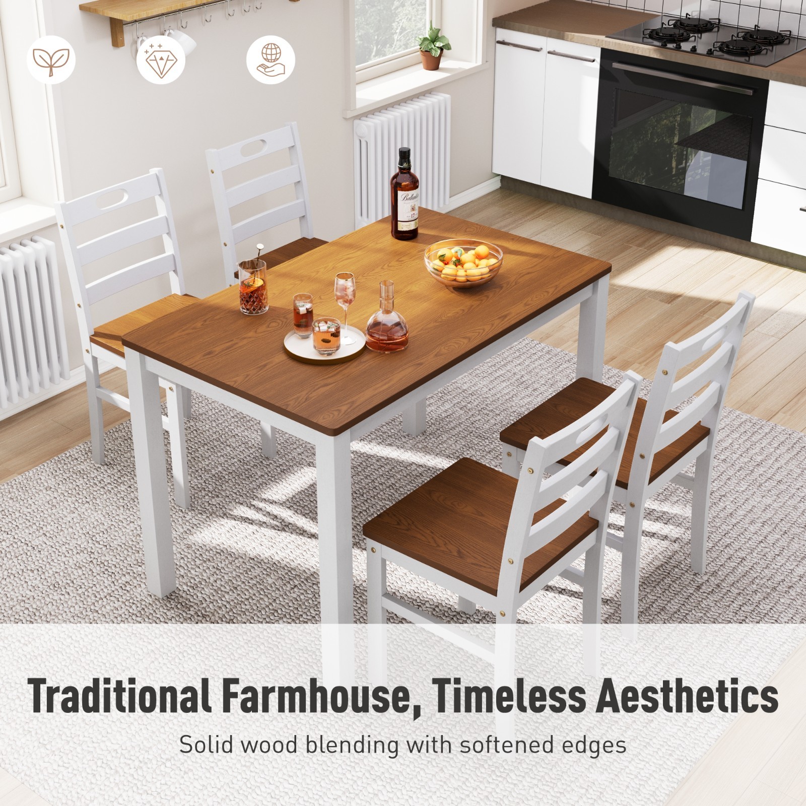 Kitchen Table and Dining Room Table Set, Wood Elegant Kitchen Sets for 4 Walnut