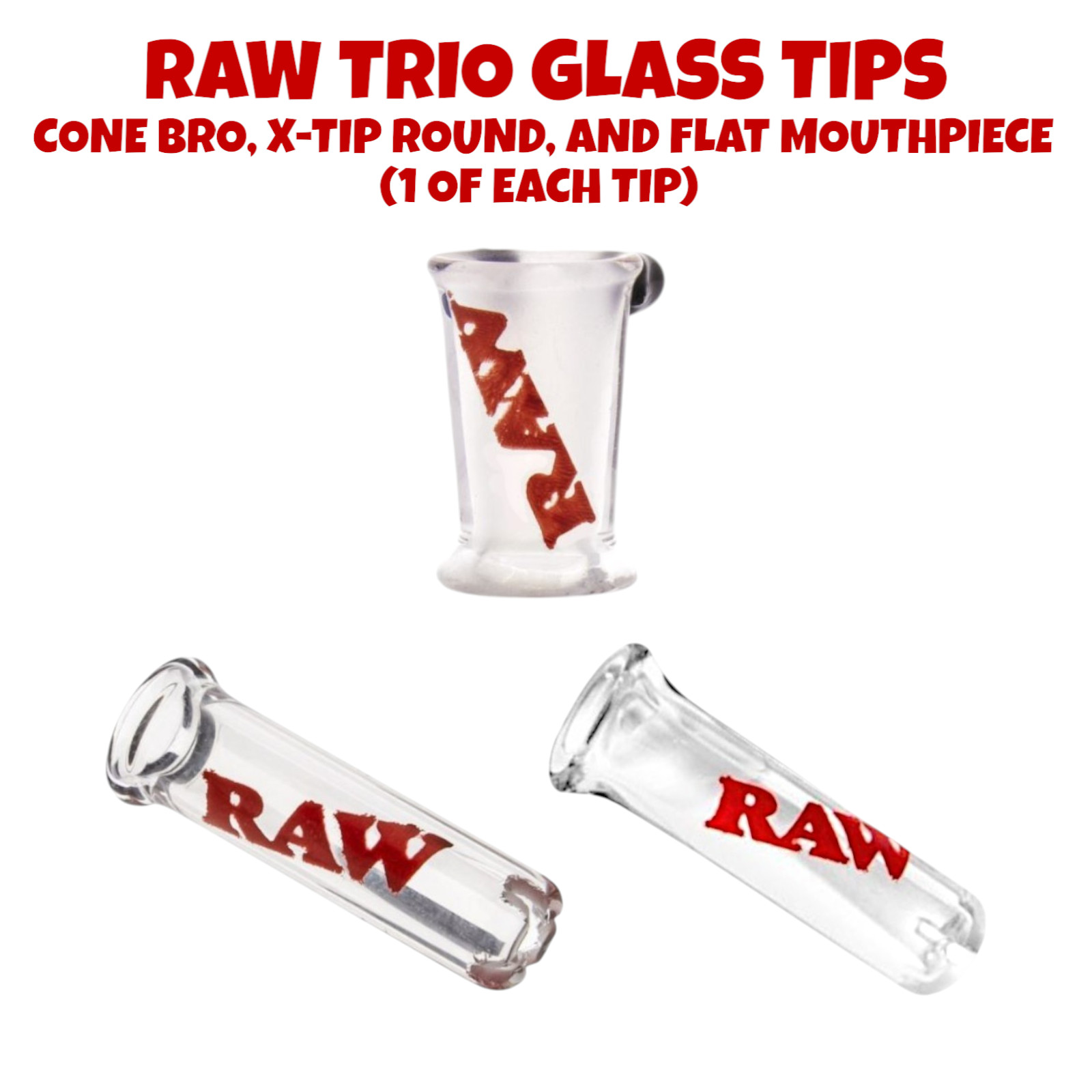 3 Pack RAW Trio Glass Filter Tips Cone Bro, X-Tip Round, & X-Tip Flat Mouthpiece