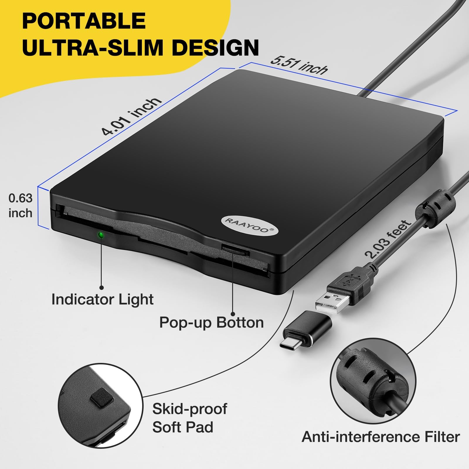 3.5 Inch External USB Floppy Disk Reader 1.44 MB FDD Drive for Windows PC