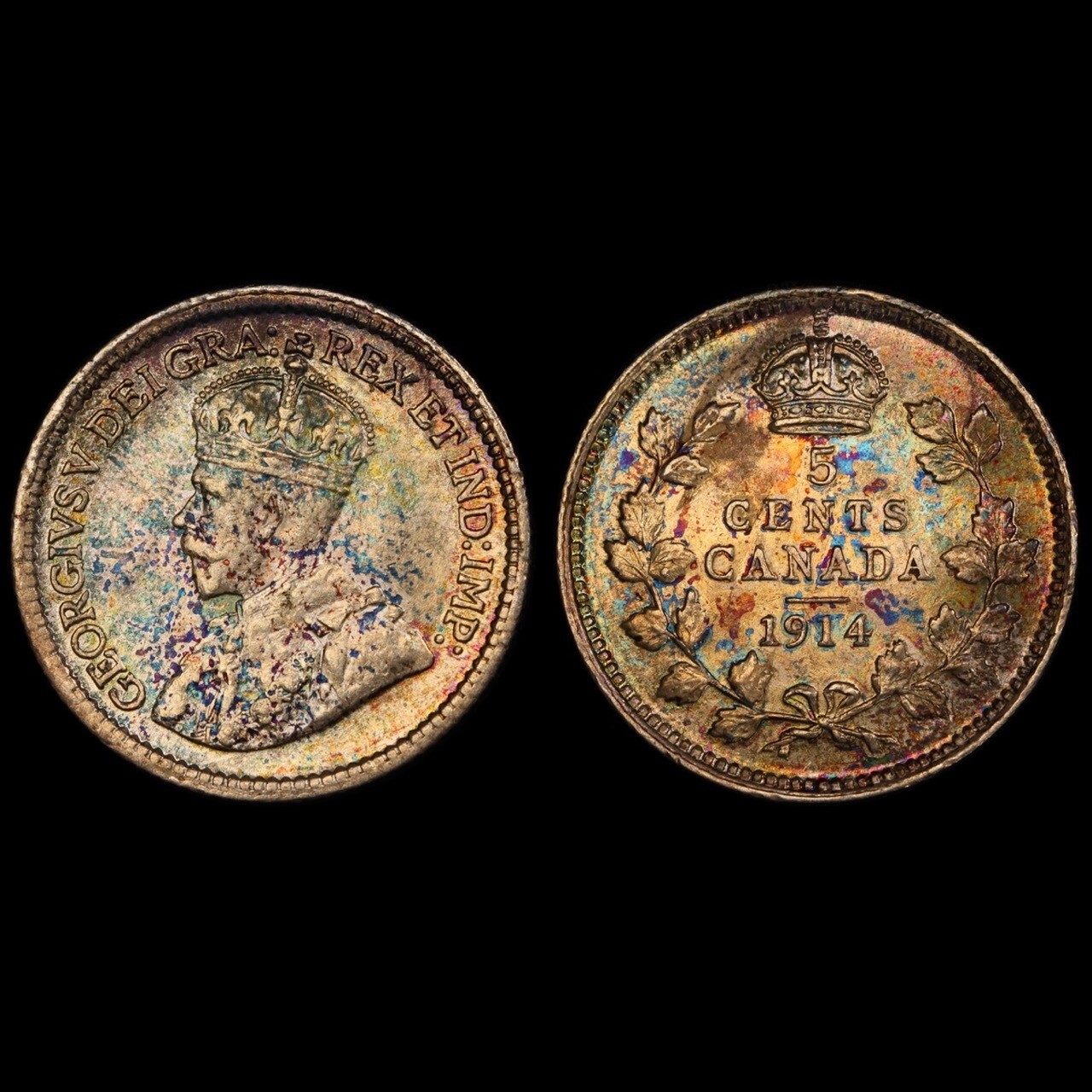 AU58 1914 Canada Silver 5 Cent, PCGS Trueview- Rainbow Toned