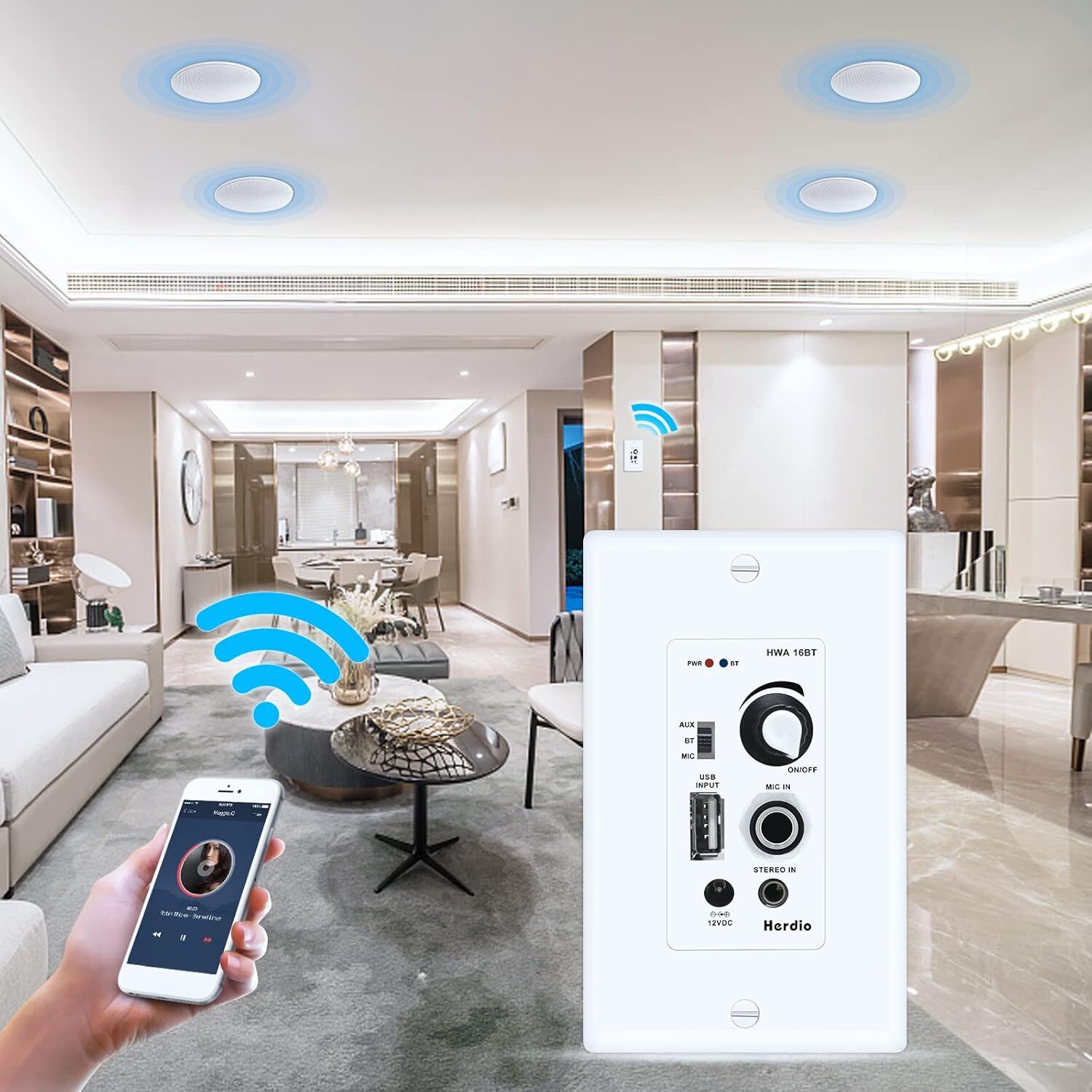 Herdio 4" Flush Ceiling Speakers +4 Channel In Wall Bluetooth Amplifier Receiver
