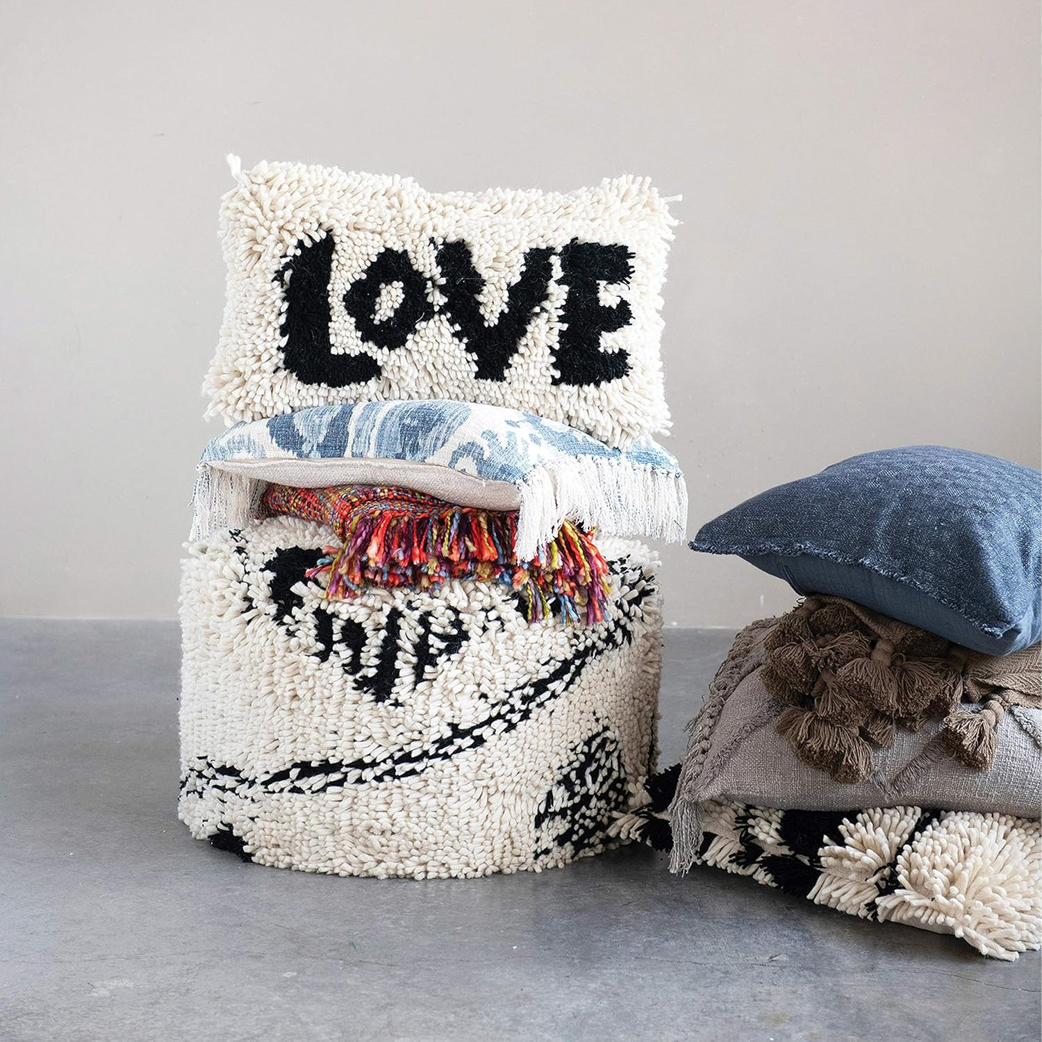 Woven Wool Shag Lumbar Pillow with Love Design, Black and Cream