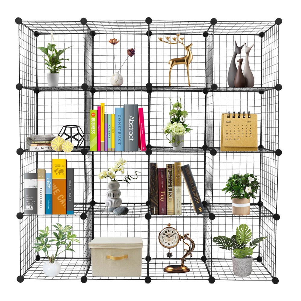 16-Cube Storage Organizer: Wire Grid Shelving Unit, Modular Bookcase