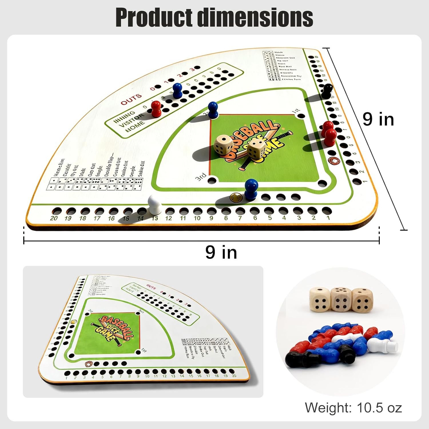 Baseball Board Game，5mm Thick Solid Oak Baseball Board Game, Portable Dice & Mar