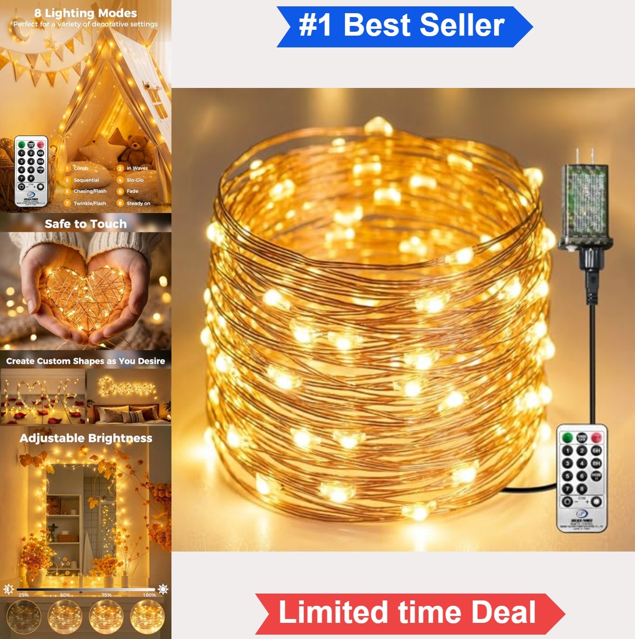 Fairy Lights 66ft 200 LED Plug In Warm White Remote Control 8 Modes Dimmable