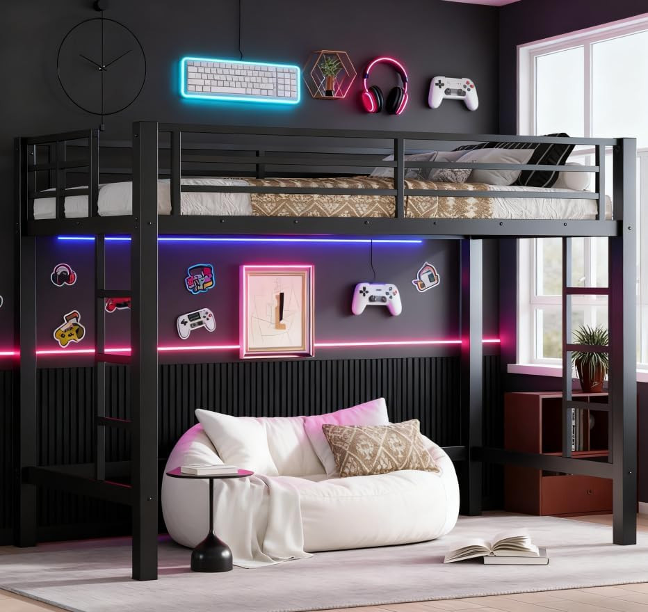 Twin XL Metal Loft Bed Frame with 2 Ladders & Guardrails - Black