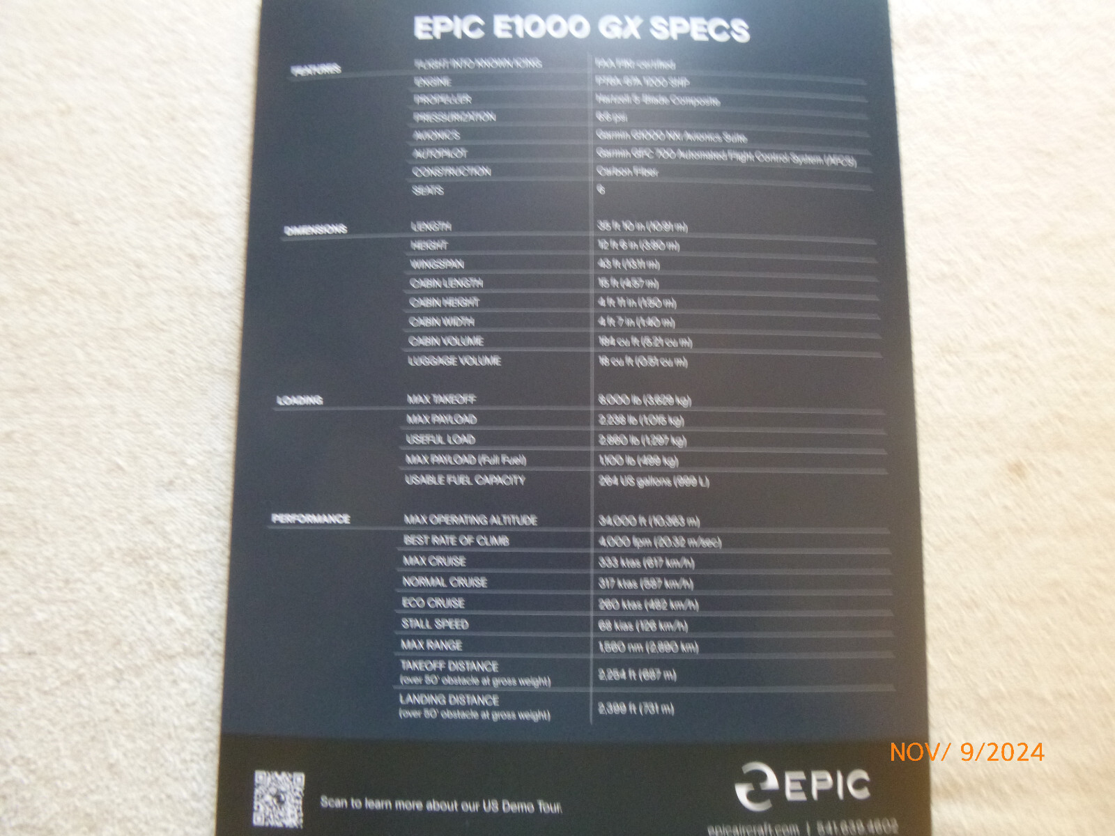 EPIC E1000 GX - Foldout Brochure - Perfect for the Aerospace Collector
