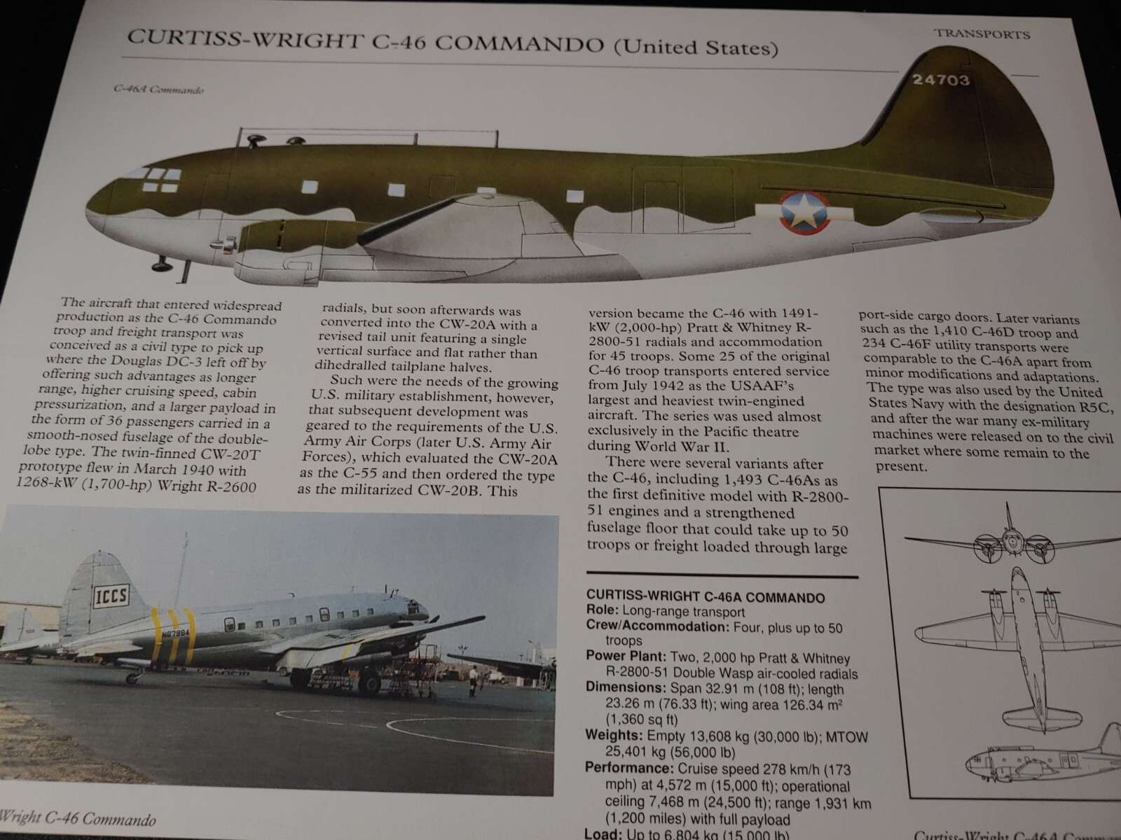 Curtiss Wright C 46 Commando Picture Out of Print Article Spec Sheet Wall Art