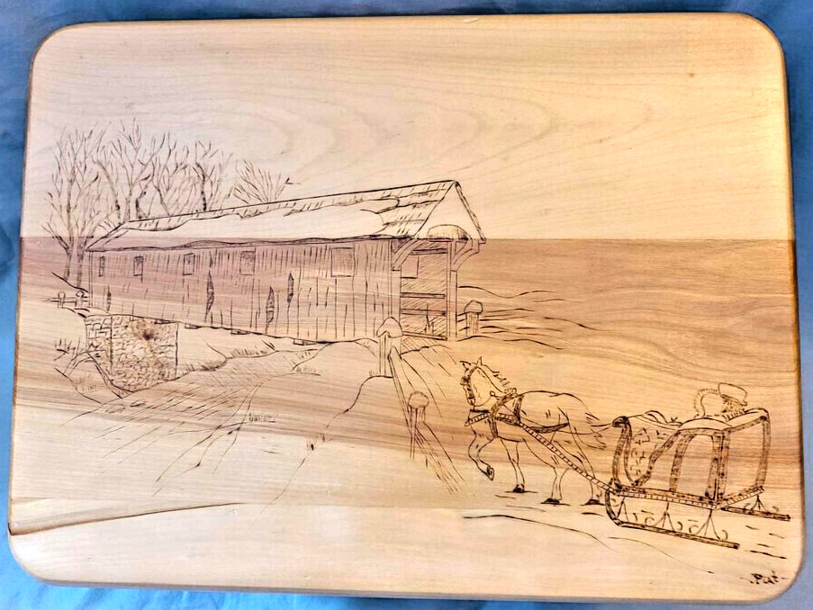 Vermont folk art wooden footstool, winter sleigh ride & covered bridge scene
