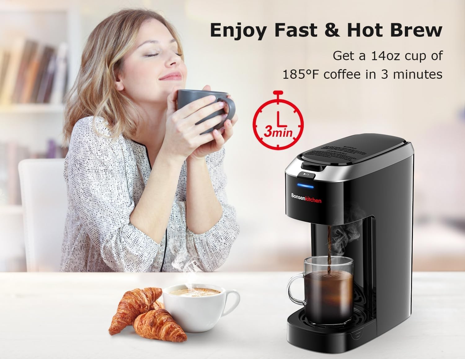 Bonsenkitchen Single Serve Coffee Maker K Cup Pod with 6-14oz Brew Size- 3 Min F
