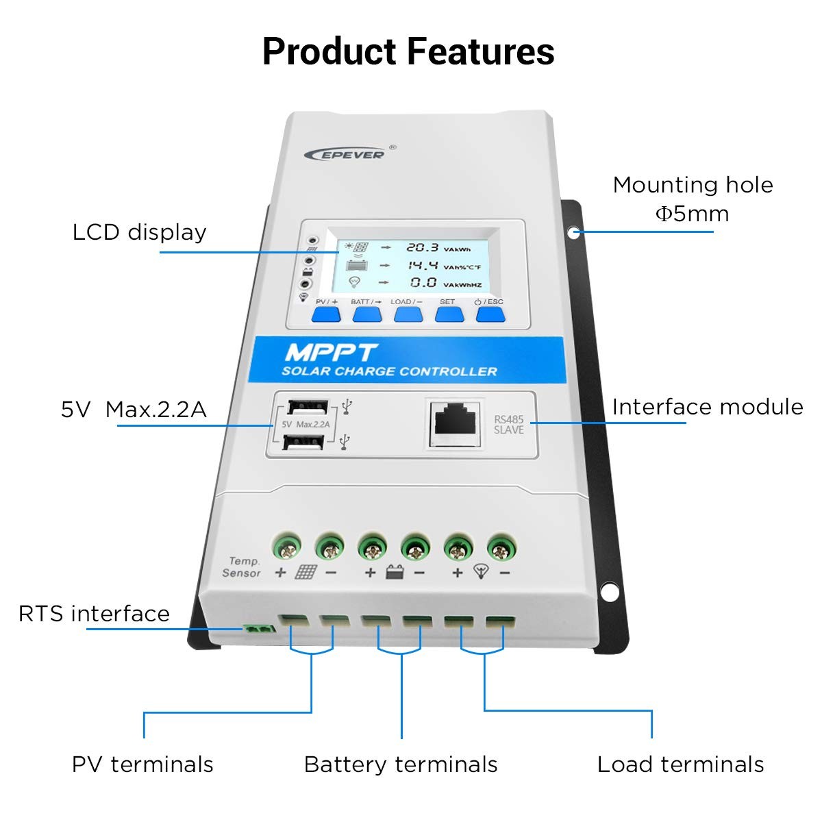 Epever 30A Mppt Solar Charge Controller 12V/24V Auto Solar Panel Charge