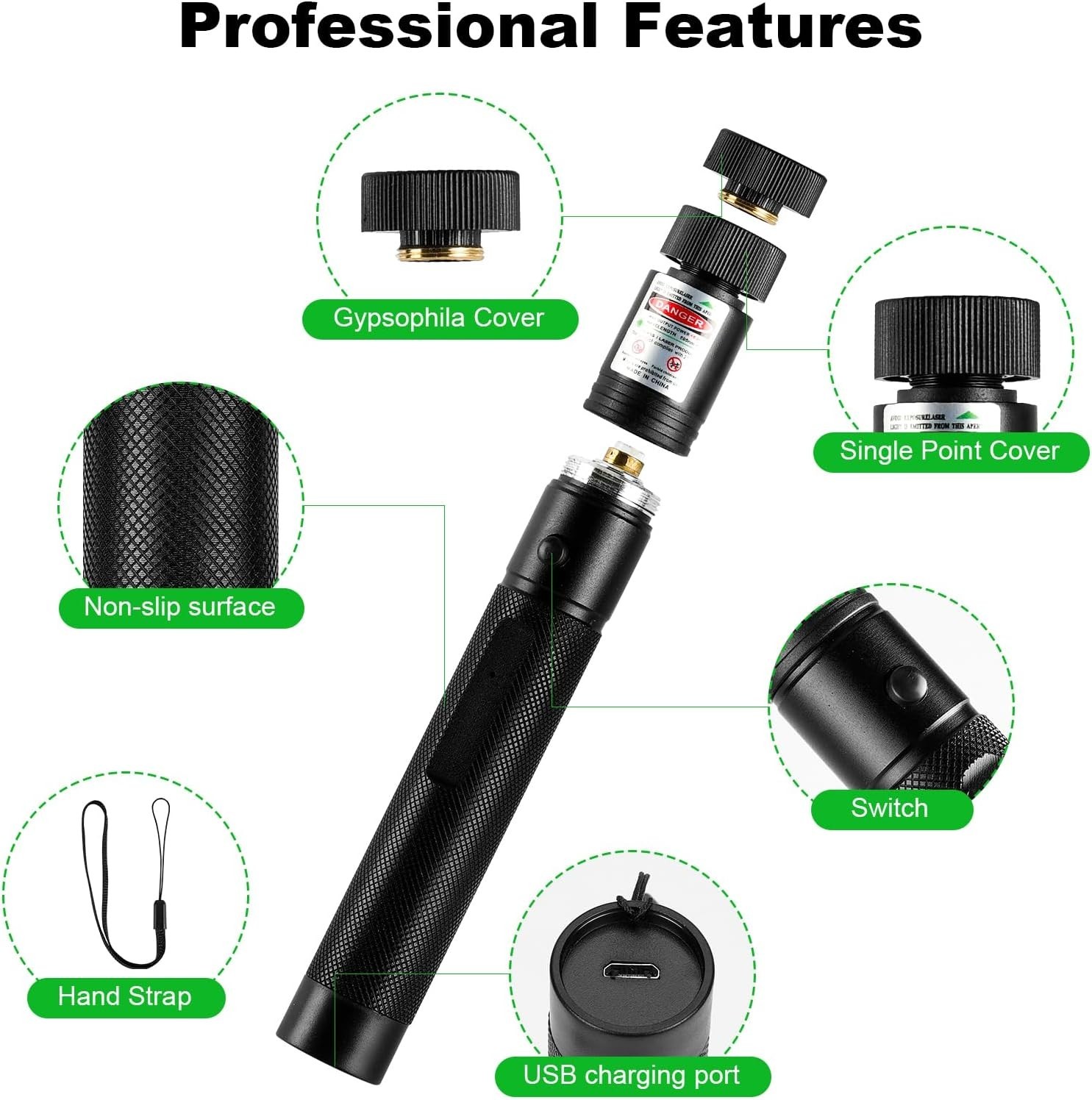 Durable USB Rechargeable Green Laser Pointer - Ideal for Hiking & Presentations