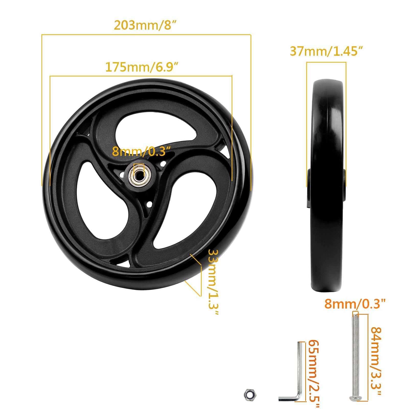 Yuqim 2 Pcs 8" Replacement Wheels for Rollator Walker & 8 Inch, Black