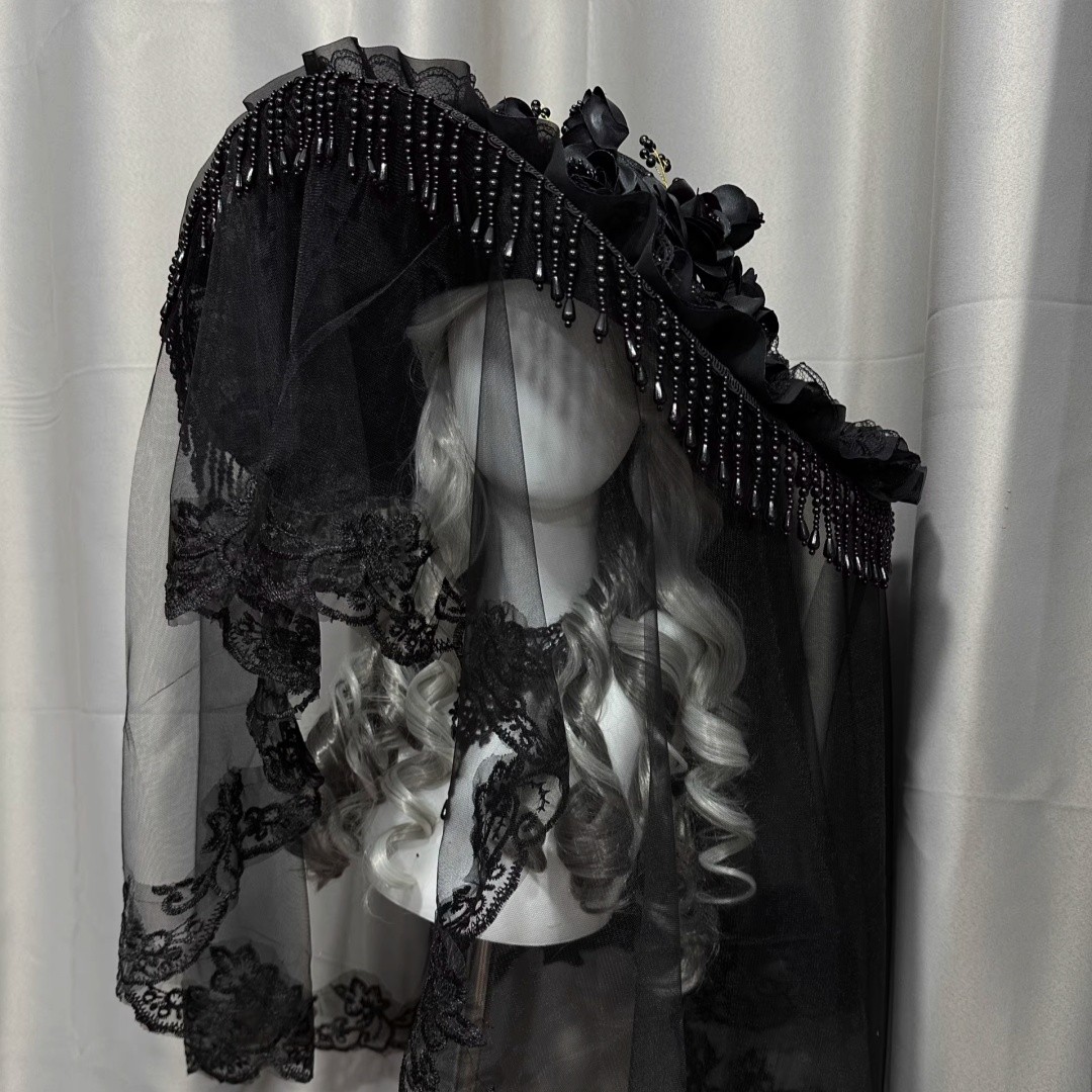 Gothic Dark Tassel Hat Head-dress Lolita Black Veil Cosplay Headwear Halloween