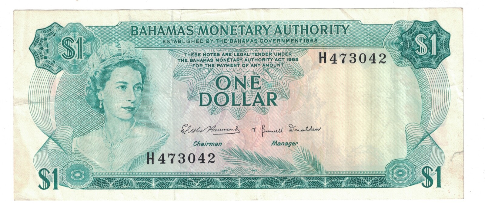 1968 1$ ONE DOLLAR THE BAHAMAS P#27a.