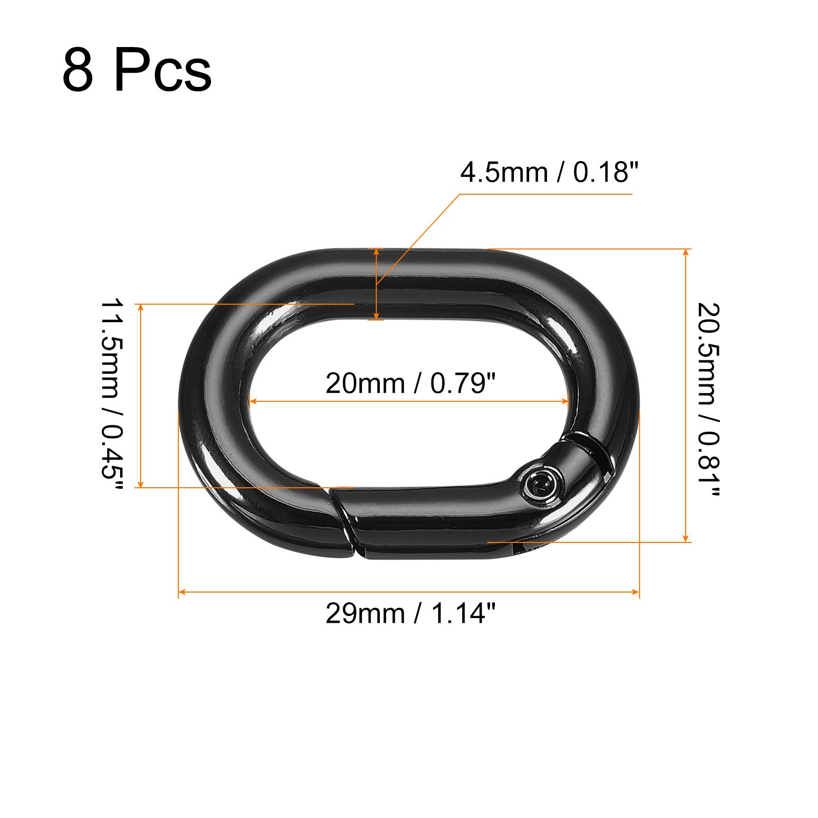 1.14" Spring Oval Ring Snap Clip Trigger for Bag Purse Keychain, 8Pcs Black