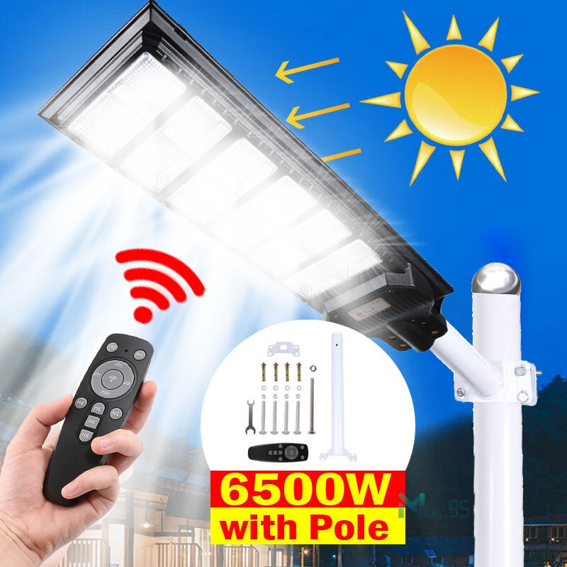 6500W Commercial Solar Street Light Dusk-to-Dawn 1200 LED Super Bright Lamp+Pole