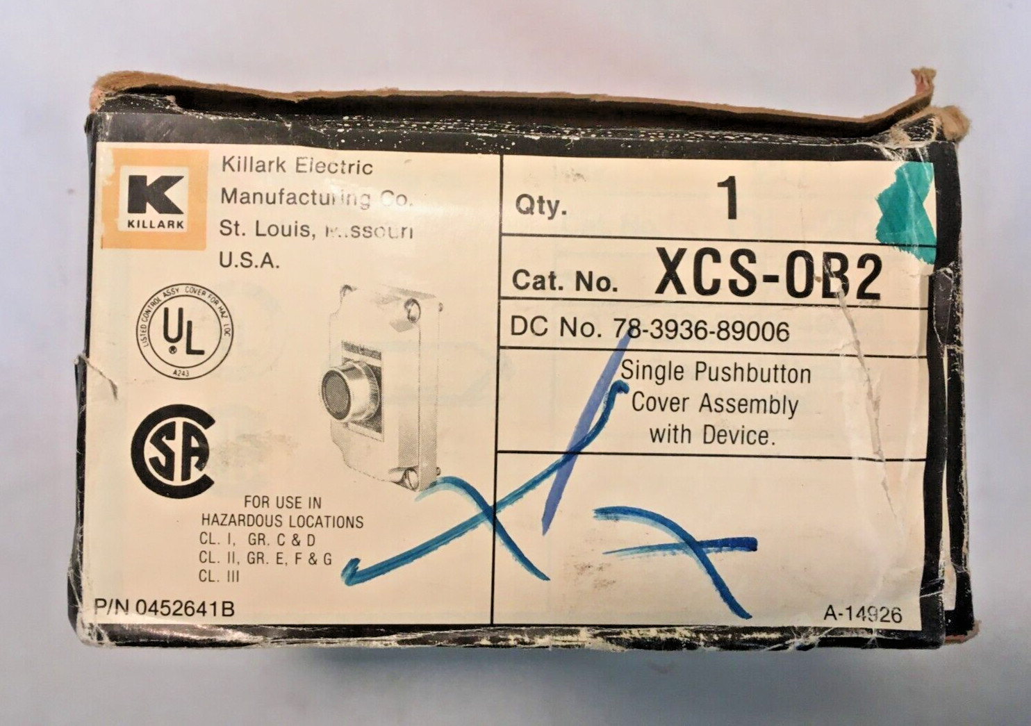 Killark XCS-OB2 Single Pushbutton Cover Assembly with Device Hazardous Locations