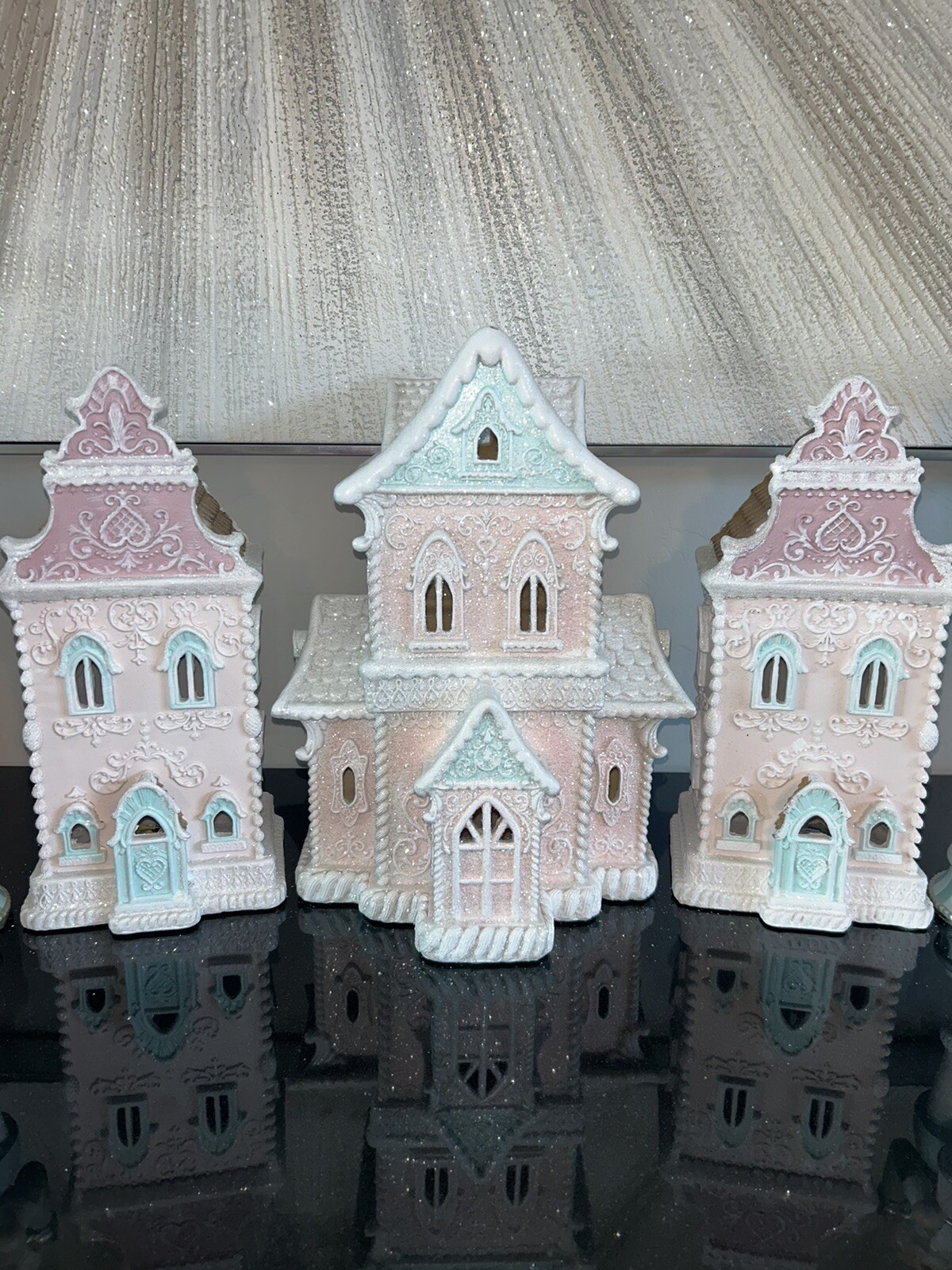 New Pink & Blue Gorgeous HomeGoods Gingerbread House 3 Piece Set Christmas Decor