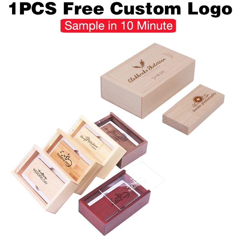 Free Custom Logo USB Flash Drive 128GB Transparent Lid Wood Box Memory Stick 64G