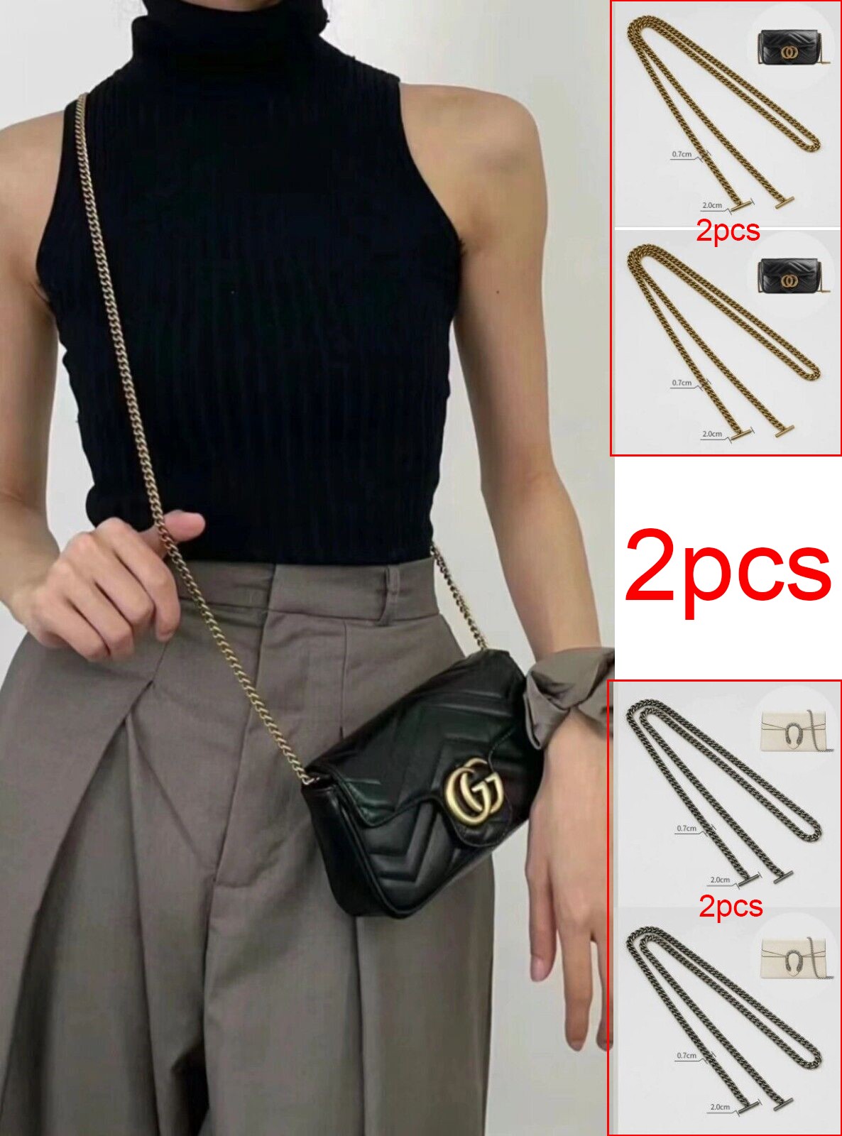 2PCS Chain Crossbody Shoulder Strap for Gucci Marmont/Dionysus mini Speedy