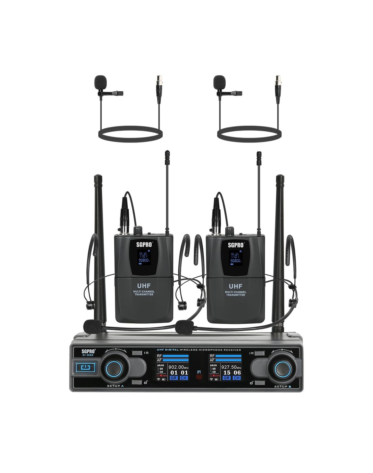 Dual Channel Wireless Microphone System with Two Bodypack Transmitters, Two H...