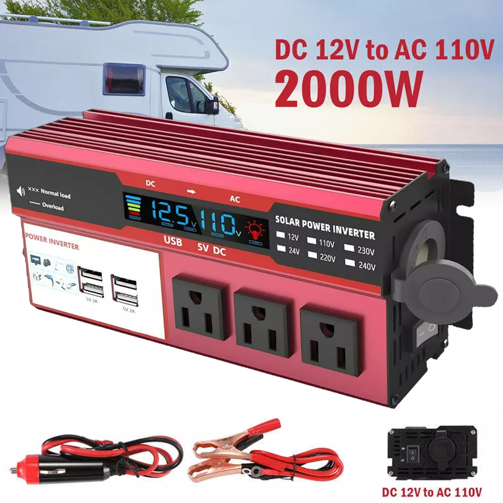 2000W Peak Car Power Inverter DC 12V To 110V AC 4-USB RV Solar Converter F3V4