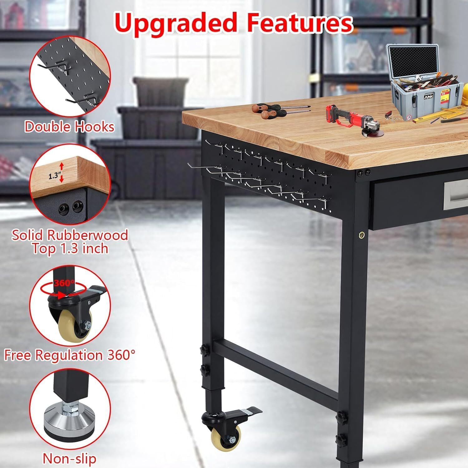 Adjustable Height Workbench 48" x 24", Solid Rubber Wood Top, Sturdy Metal Frame