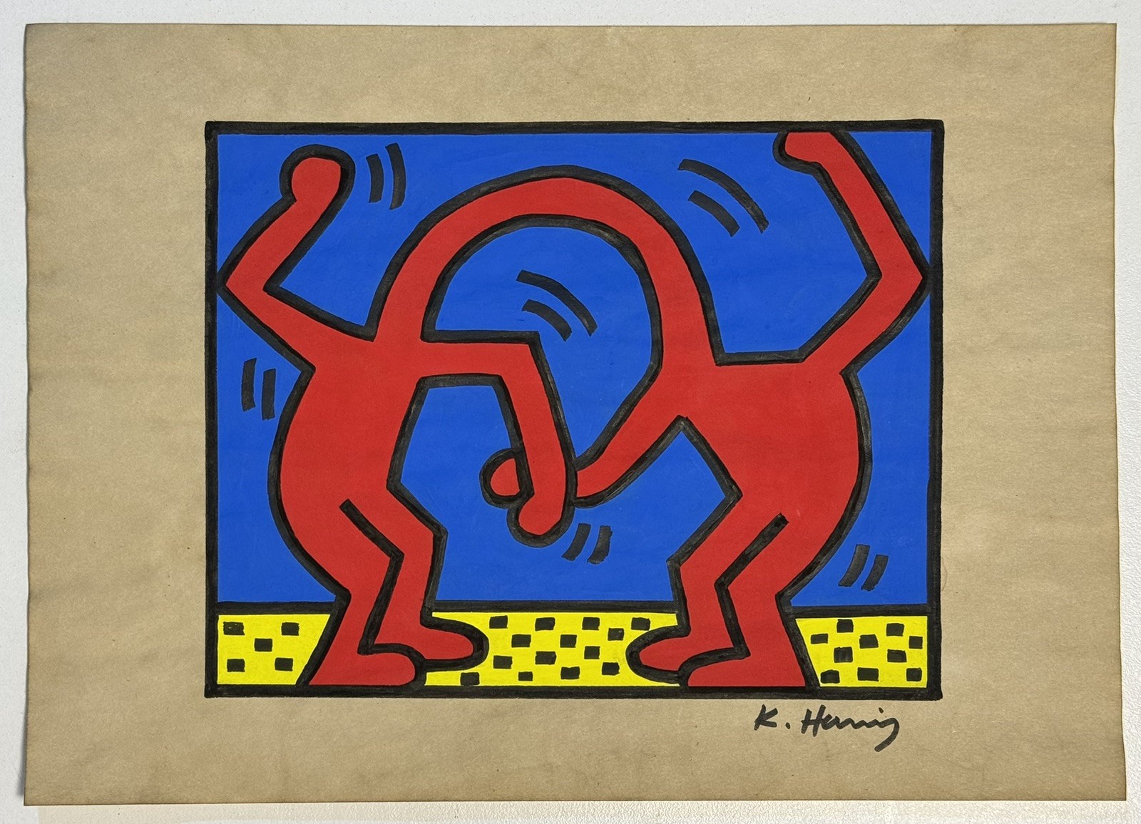Keith Haring (Handmade) Drawing On old Paper Signed & Stamped, Vtg Art