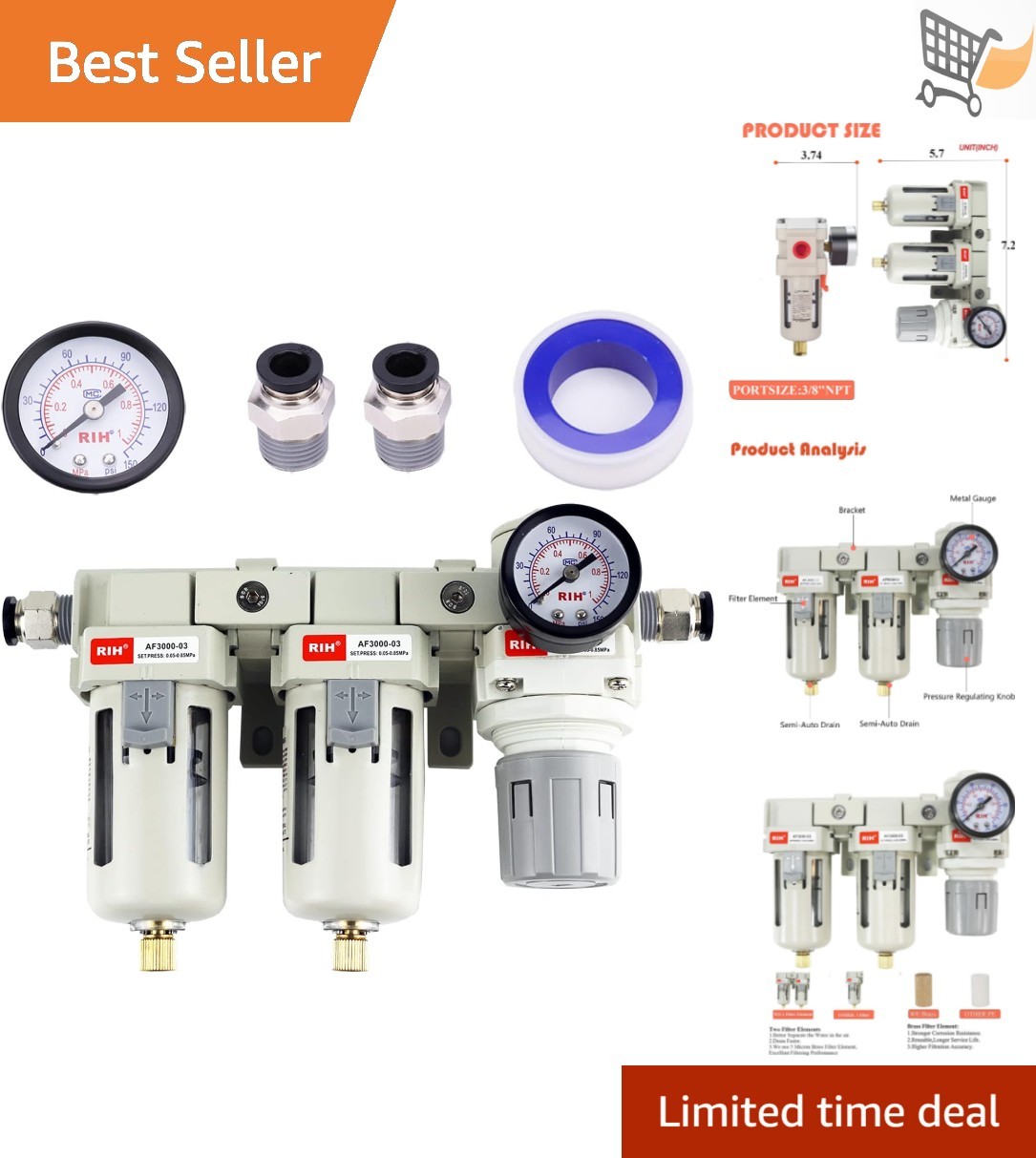 Pneumatics Air Filter Regulator 3/8 NPT Double Filter Water Separator