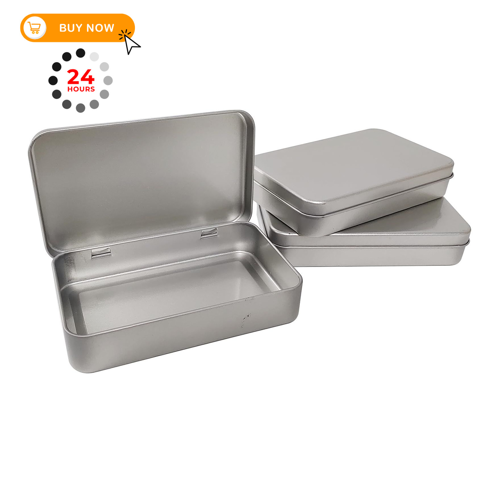 Aventik 3-Pack Metal Hinged Tin Boxes with Lids, Rectangular L, Silver