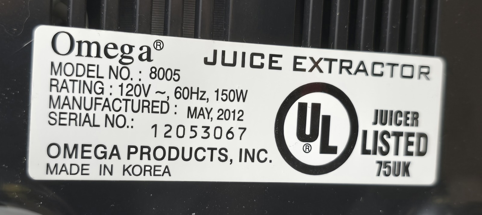 OMEGA 8005 Juice Extractor Motor Base/Housing Tested