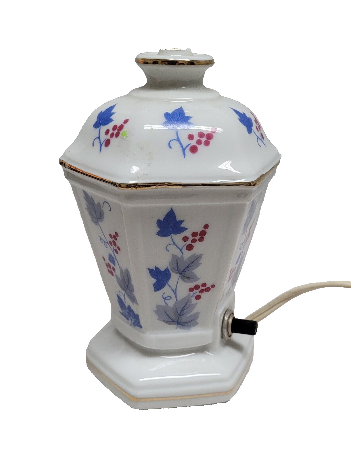 Vintage Porcelain Night Light - Gooseberry Pattern - Blue & Burgundy - 5" Tall