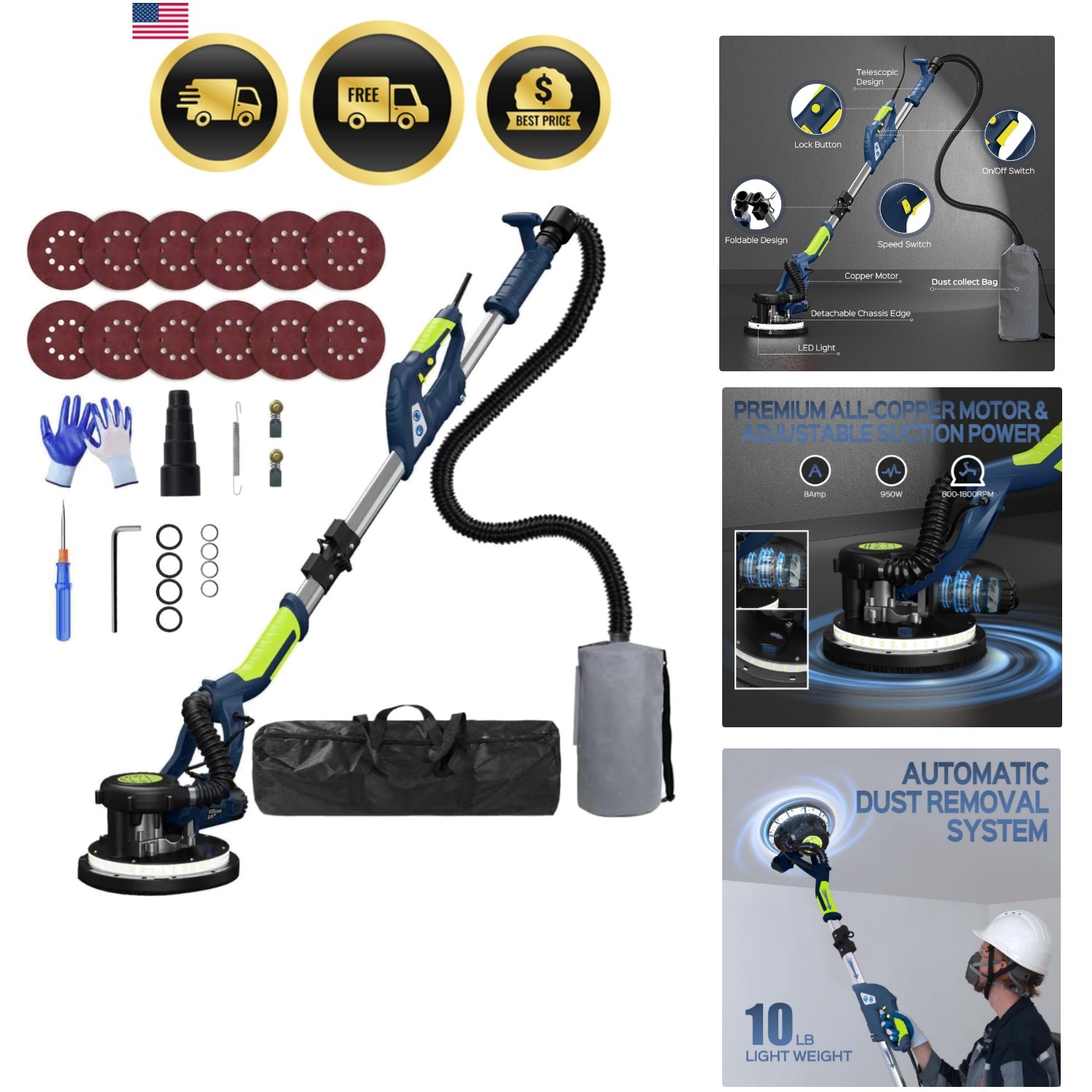 Drywall Sander, 2026 Upgraded 8-Amp Popcorn Ceiling Removal Tool with 7 Varia...