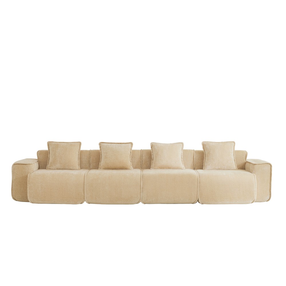 Modular 4-Seat Sofa w/ Throw Pillows, Velvet Fabric, Light Camel
