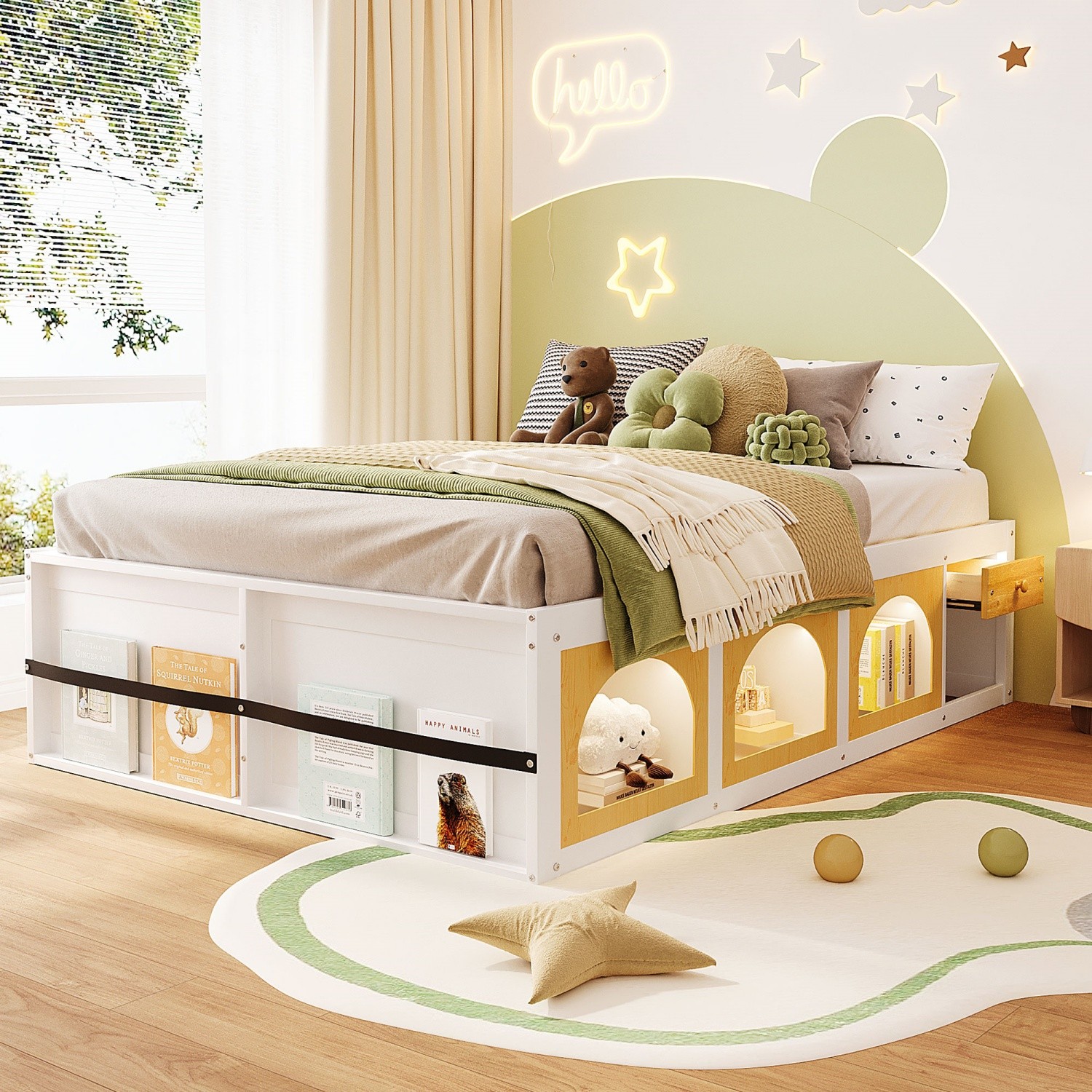 Queen Size LED Wood Platform Bed Frame with Bookshelf & Display Cabinet & Drawer
