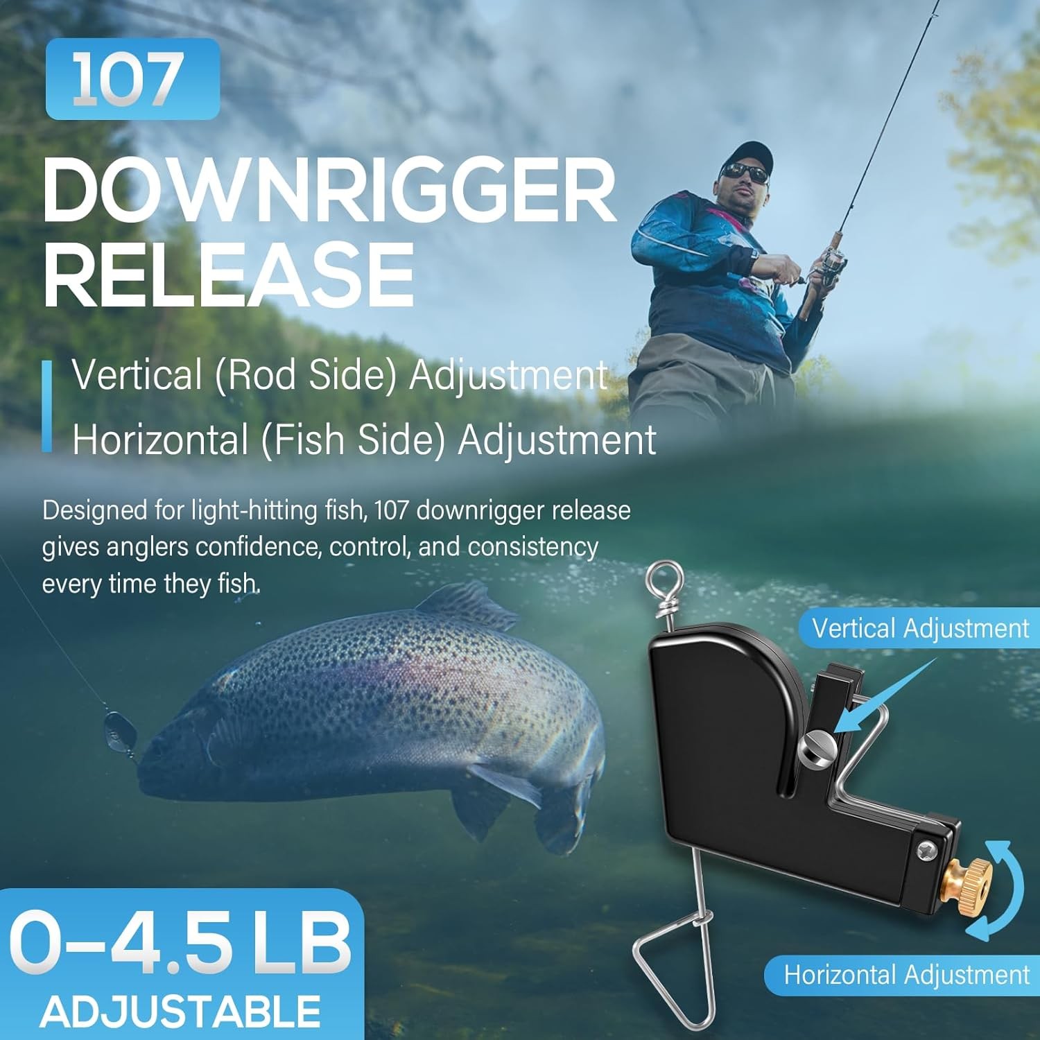 107 Downrigger Release,Adjustable 0–4.5 lb Tension, Vertical & Horizontal Adjust